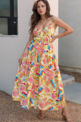Abstract Print Spaghetti Strap Piping Detail Maxi Dress Floral OutfitFlow